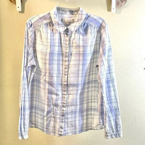 Ann Taylor LOFT Women’s Sz M White Blue Plaid Button Front Shirt Cotton Linen